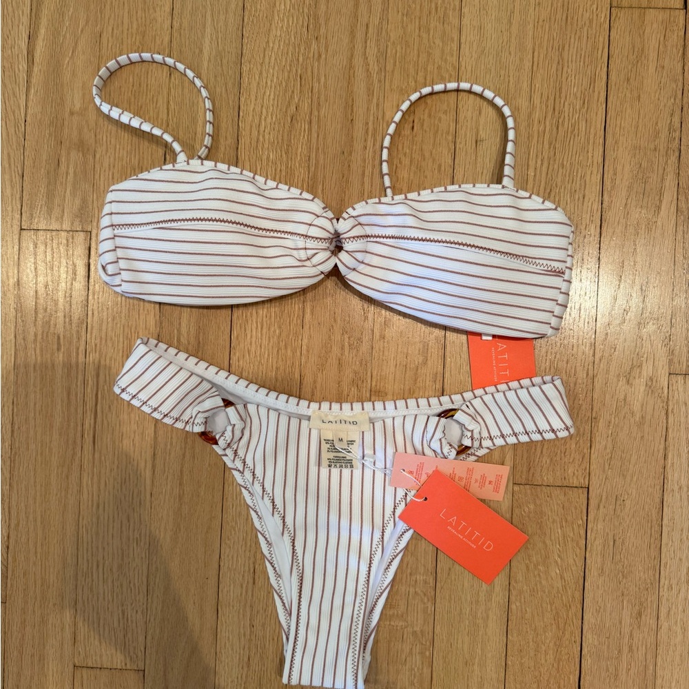White & Brown Striped Bandeau Bikini Set